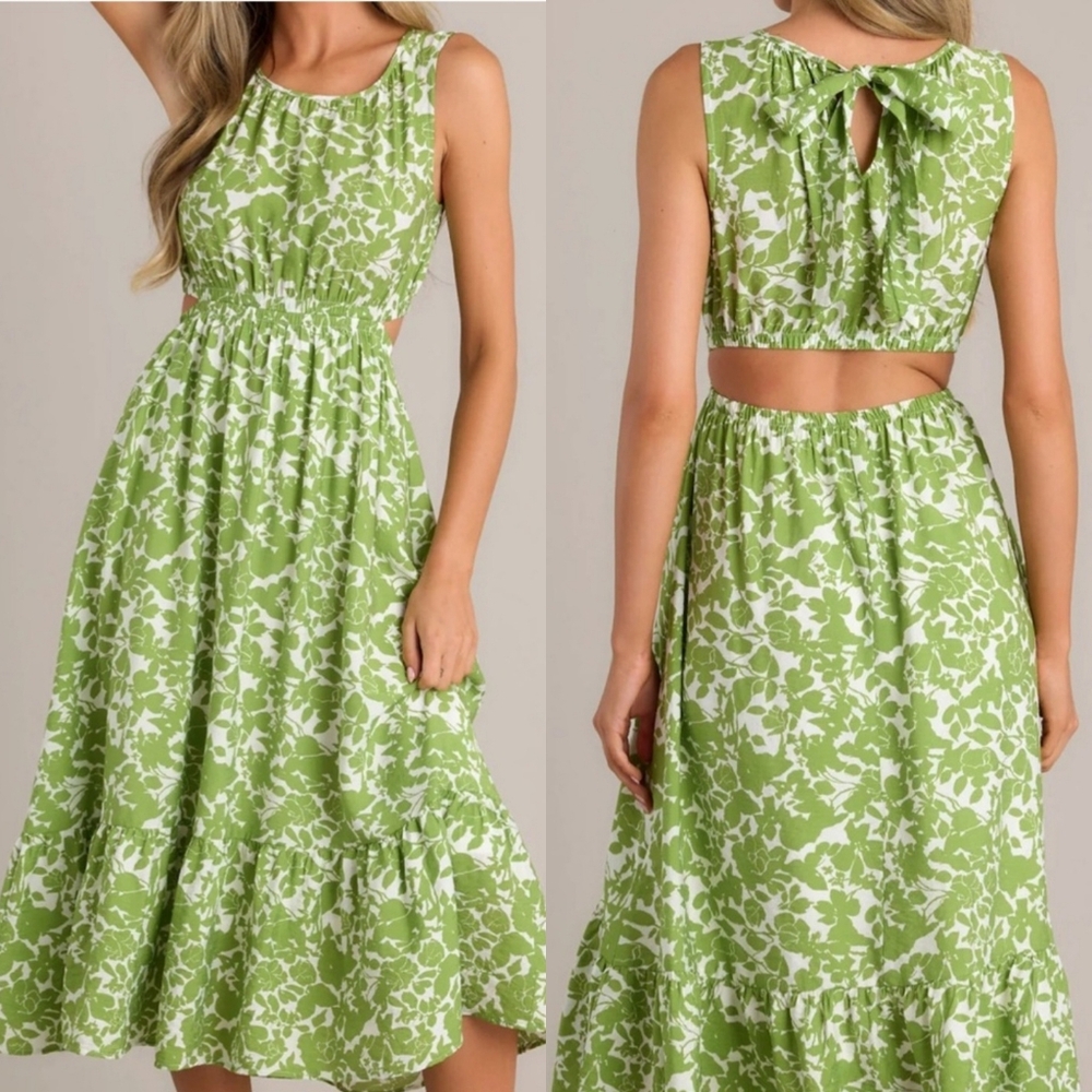 Blu Pepper Rayon Floral Ruffle Back Out Tie Midi Dress
